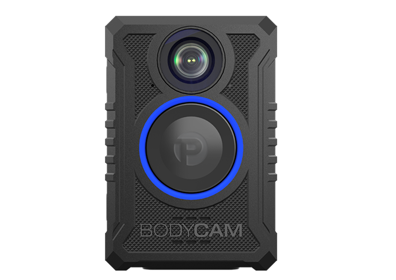 A rectangular body camera with the lens in the middle of the top and a blue ring around a button the the exact center with a capital "P" on it and the word "BODYCAM" centered below