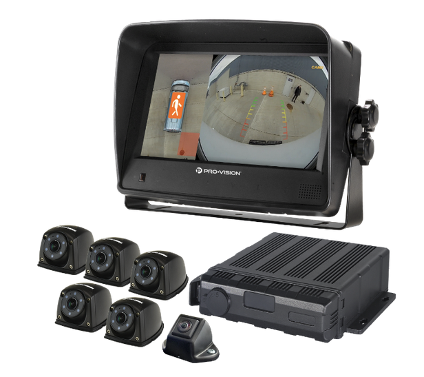 A video monitor displaying the view of a back up camera. The image also displays 6 cameras plus a digital video recorder (DVR).